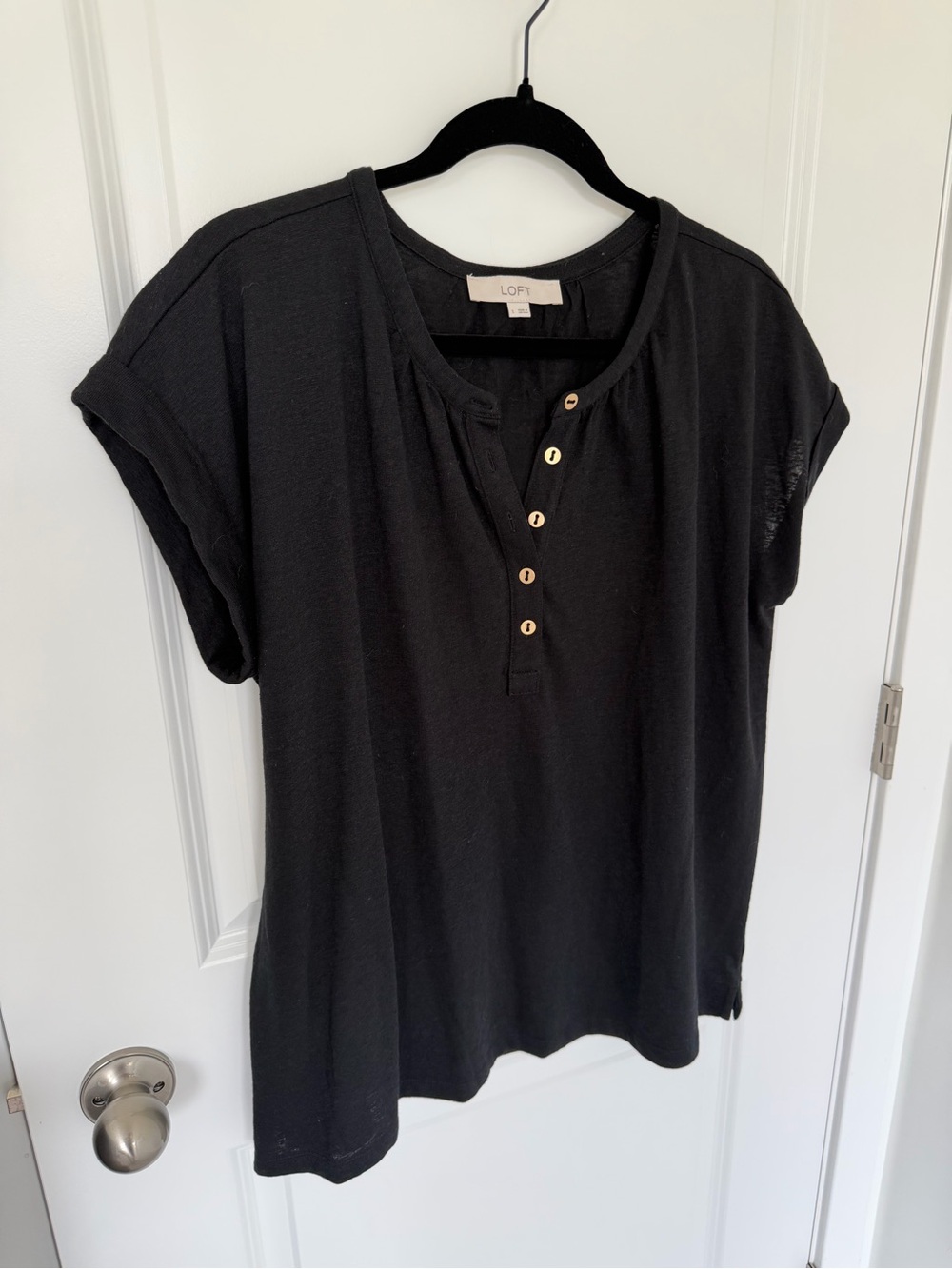 LOFT Black Short-Sleeve Henley Tee with Button Placket